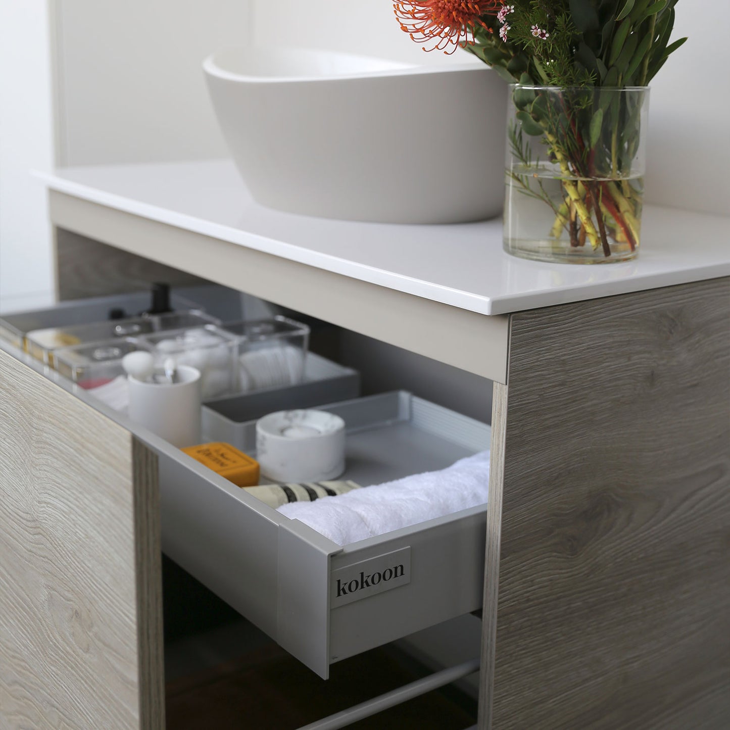 Kokoon 90cm Wall Hung Vanity with White Stone Top